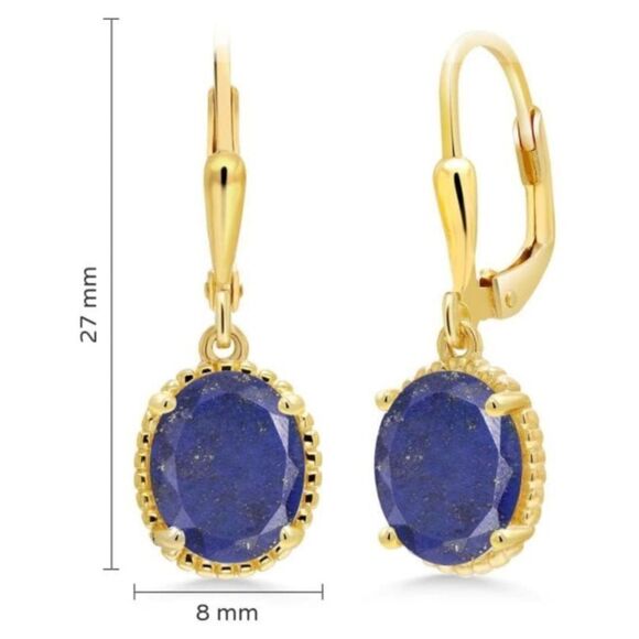 18K Yellow Gold 925 with 4.00 Cttw Lapis Lazuli Oval Leverback Hook Earrings - Picture 4 of 4